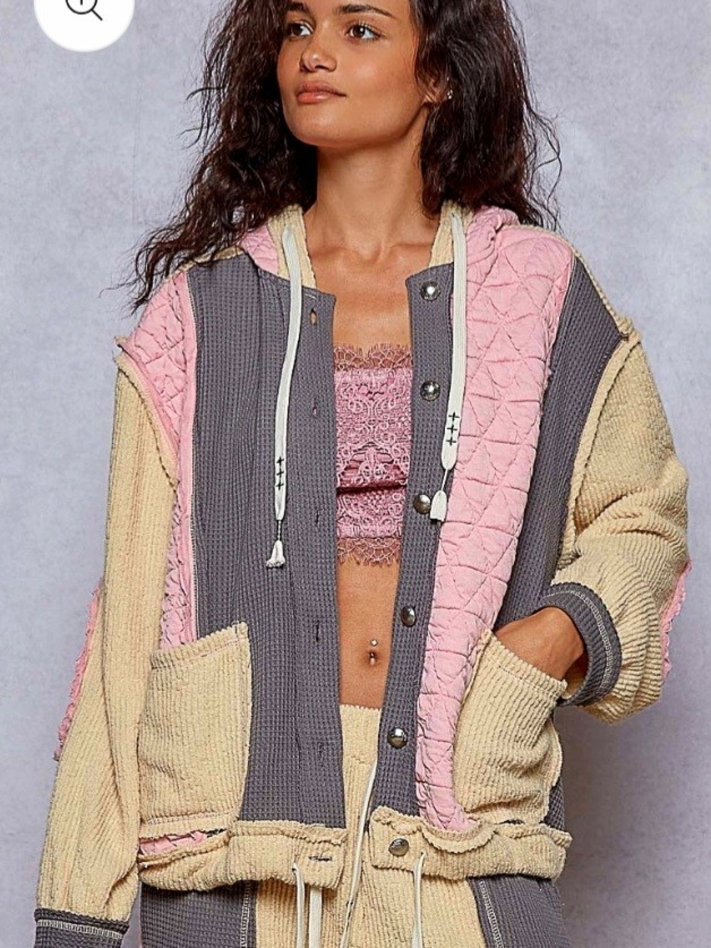 POL Patchwork Quilted Bomber Jacket in Pink, Gray & Cream